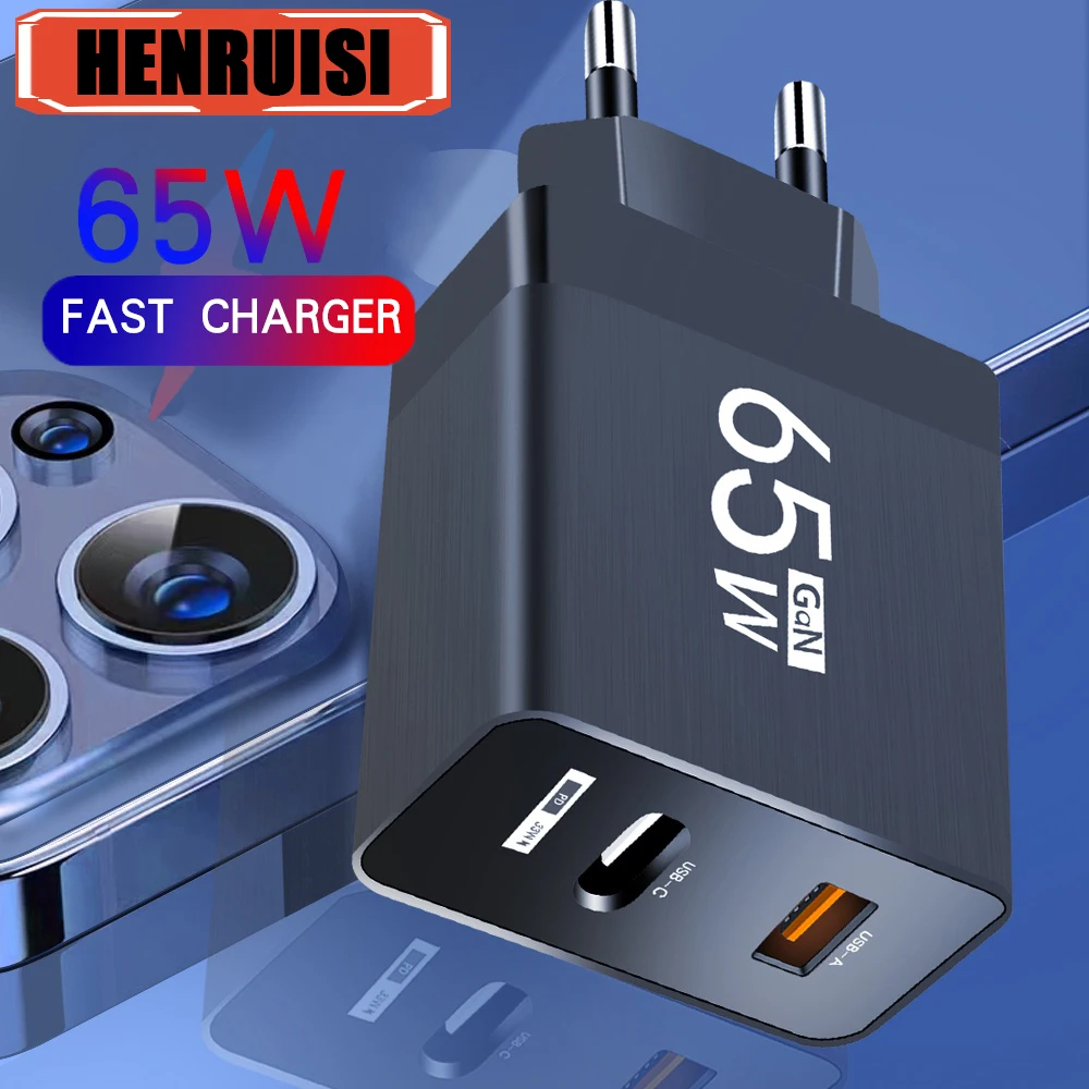 Cargador USB GaN de carga rápida QC 3,0, adaptador de teléfono móvil tipo C para iPhone, Samsung, Xiaomi, enchufe europeo y estadounidense, 65W
