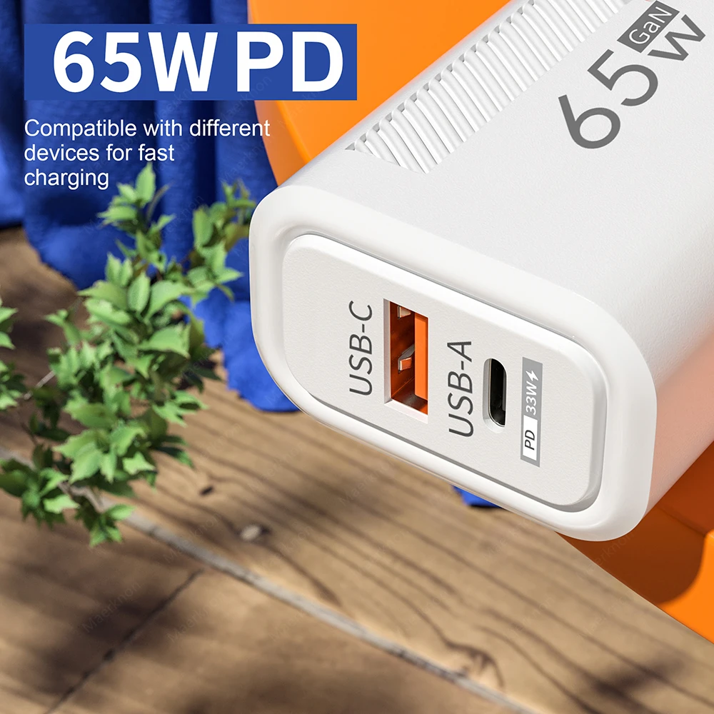 Cargador GaN USB C de 65W, adaptador de cargador de enchufe UE/EE. UU. de carga rápida para iPhone, Samsung, teléfono Xiaomi, cargador de pared tipo C de carga rápida - imagen 3