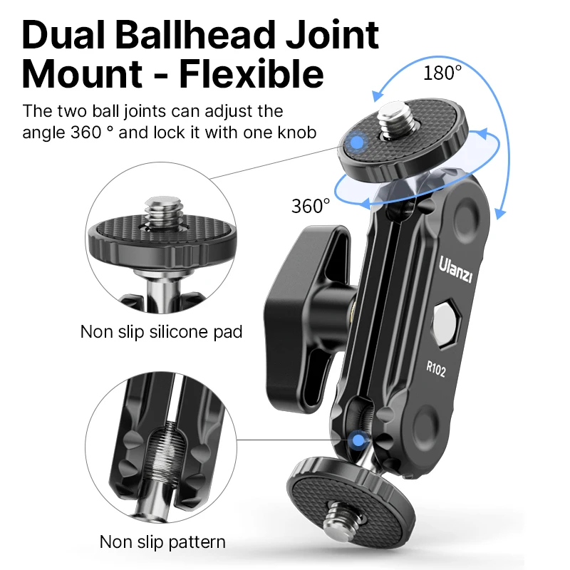 Ulanzi-Cabezal de bola doble de Metal R102, montaje de tornillo de 360 ° y 1/4 pulgadas, soporte de brazo mágico para montaje de cámara DSLR, Monitor de vídeo, micrófono de luz - imagen 5