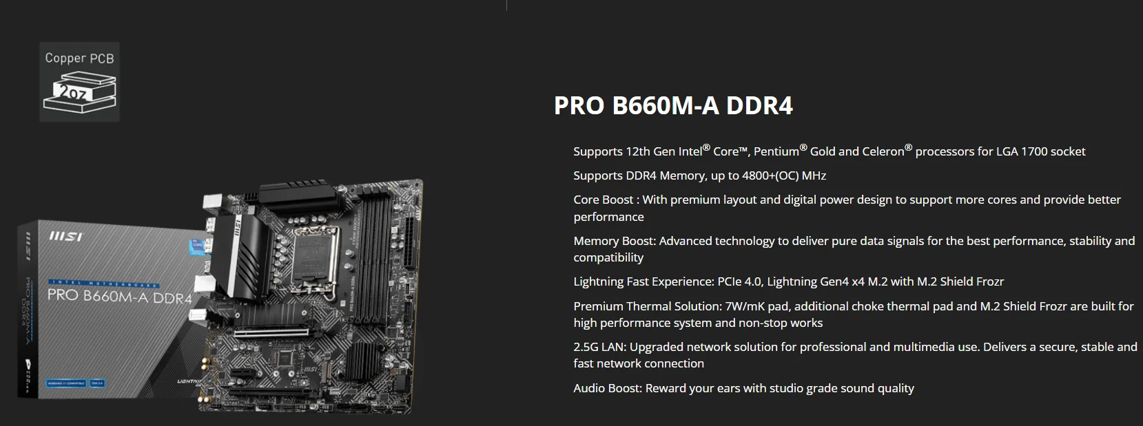 Un anuncio en blanco y negro para una placa base Pro B660m-A DDR4