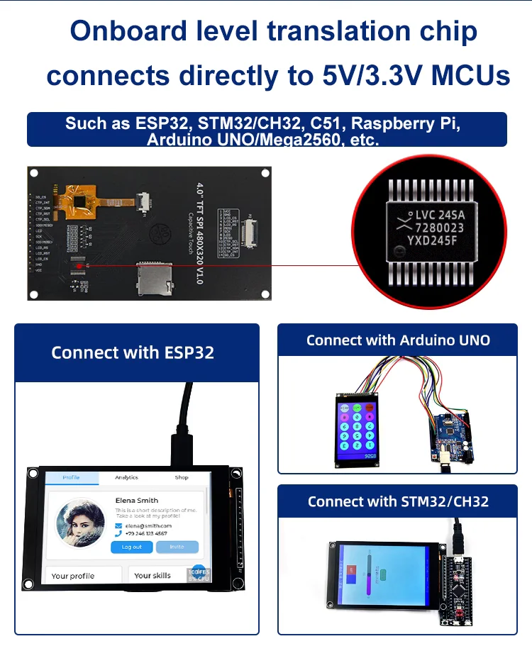 Pantalla LCD TFT serie SPI de 4,0 pulgadas, 320x480, módulo de pantalla táctil capacitiva opcional para ESP32/STM32/Arduino UNO y Mage2560/C51/CH32 - imagen 4
