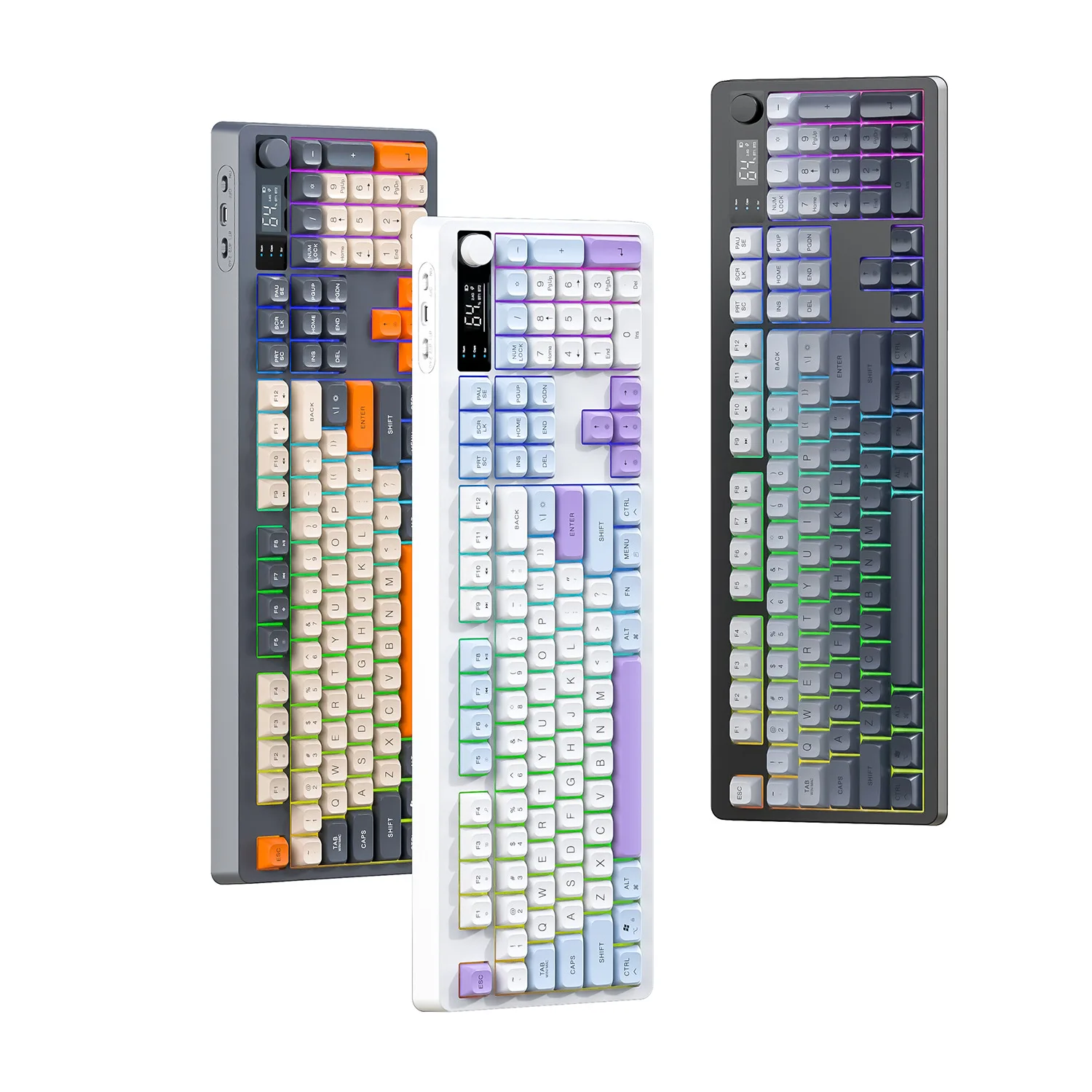 Teclado inalámbrico español ruso español árabe coreano 100% teclado diseño de 104 teclas con perilla de volumen de pantalla TK100 luz RGB tipo C 2000 mAh conexión Bluetooth 2.4G juegos oficina