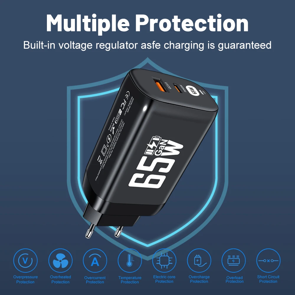 GaN-cargador USB tipo C de 65W, cargador rápido 4,0 para Macbook, portátil, iPad, tableta, iPhone, Samsung, adaptador de teléfono móvil - imagen 3