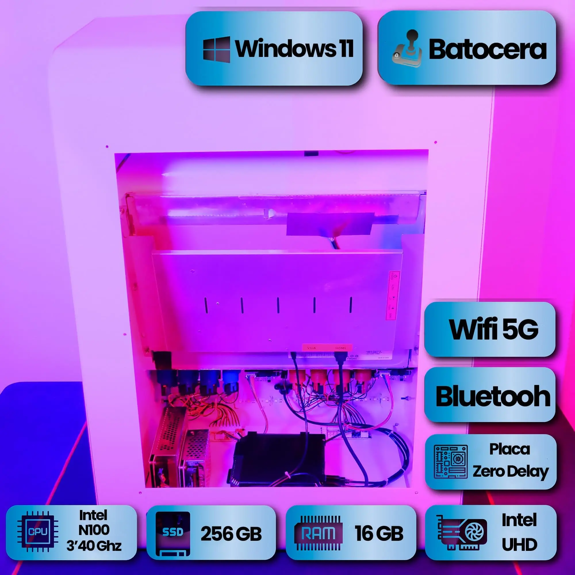Arcade recreativa, Construida en acero, 8 Botones arcade de tipo americano, Intel N100 16GB RAM y 256GB SSD, Dual boot Windows 11 y Batocera, Podrás añadir tu propia librería Steam, Modelo Blanco - imagen 3