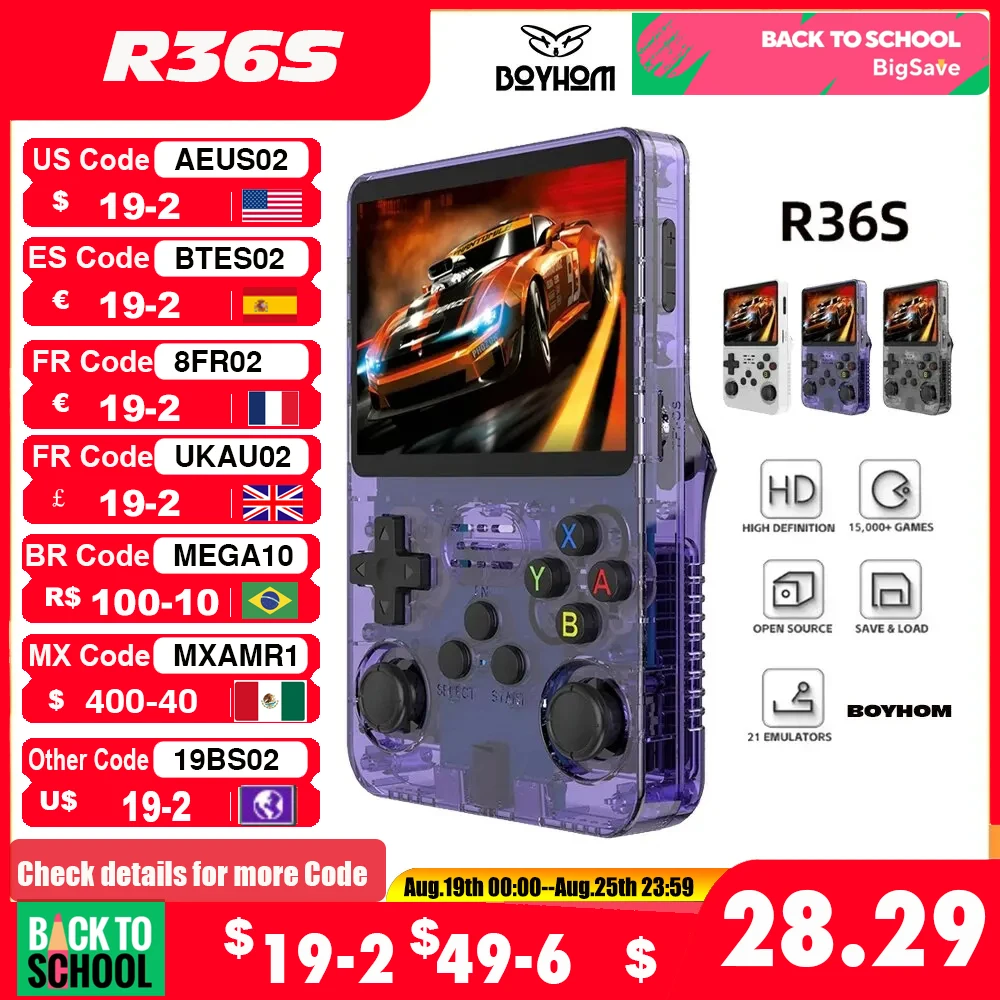 BOYHOM-consola de juegos portátil Retro R36S, sistema Linux, pantalla IPS de 3,5 pulgadas, reproductor de vídeo de bolsillo portátil, 64GB, regalo de Juego