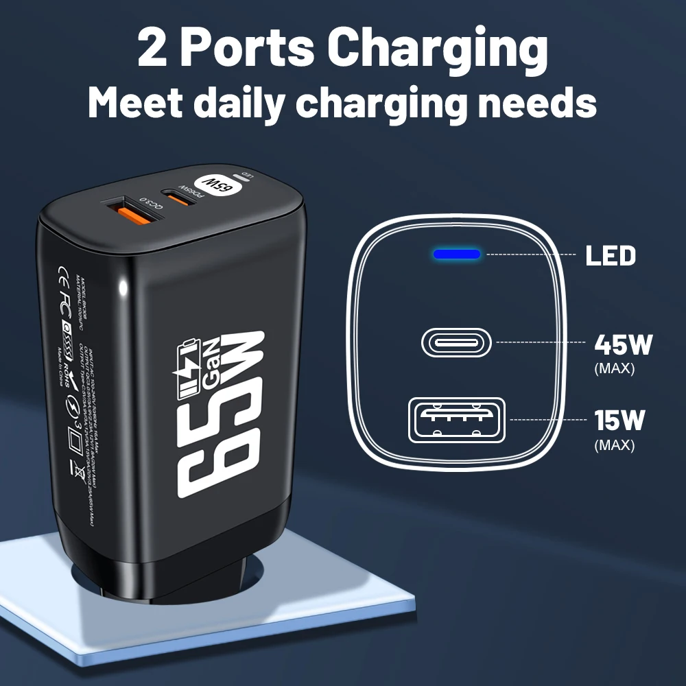 GaN-cargador USB tipo C de 65W, cargador rápido 4,0 para Macbook, portátil, iPad, tableta, iPhone, Samsung, adaptador de teléfono móvil - imagen 5