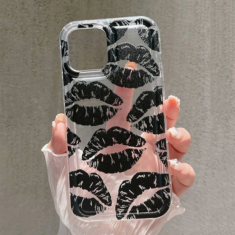 Funda para iPhone 16 fundas iPhone 14 15 Pro Max labios negros estampado de beso funda suave para iPhone 11 13 12 Mini XS XR X 7 8 Plus