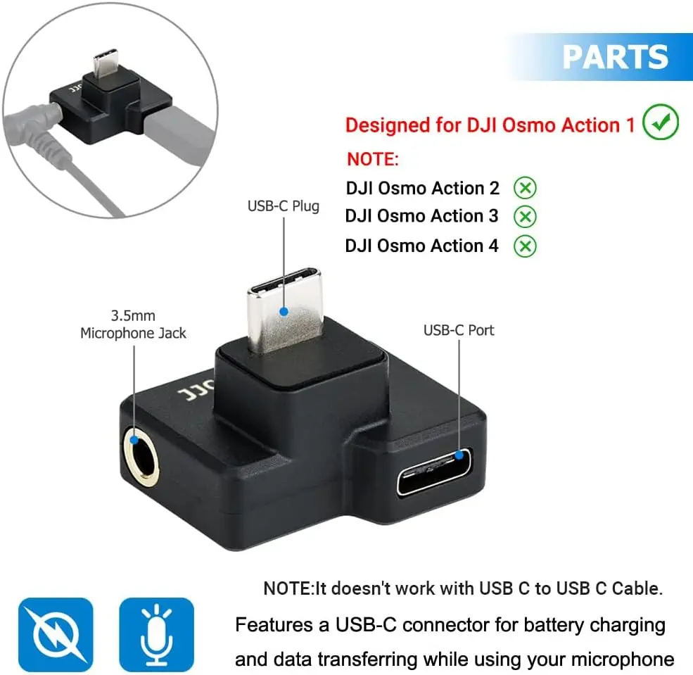 JJC-Adaptador de Micrófono Dual de USB-C, dispositivo solo para cámara DJI Osmo Action 1, compatible con carga de batería y transmisión de datos, 3,5mm - imagen 4