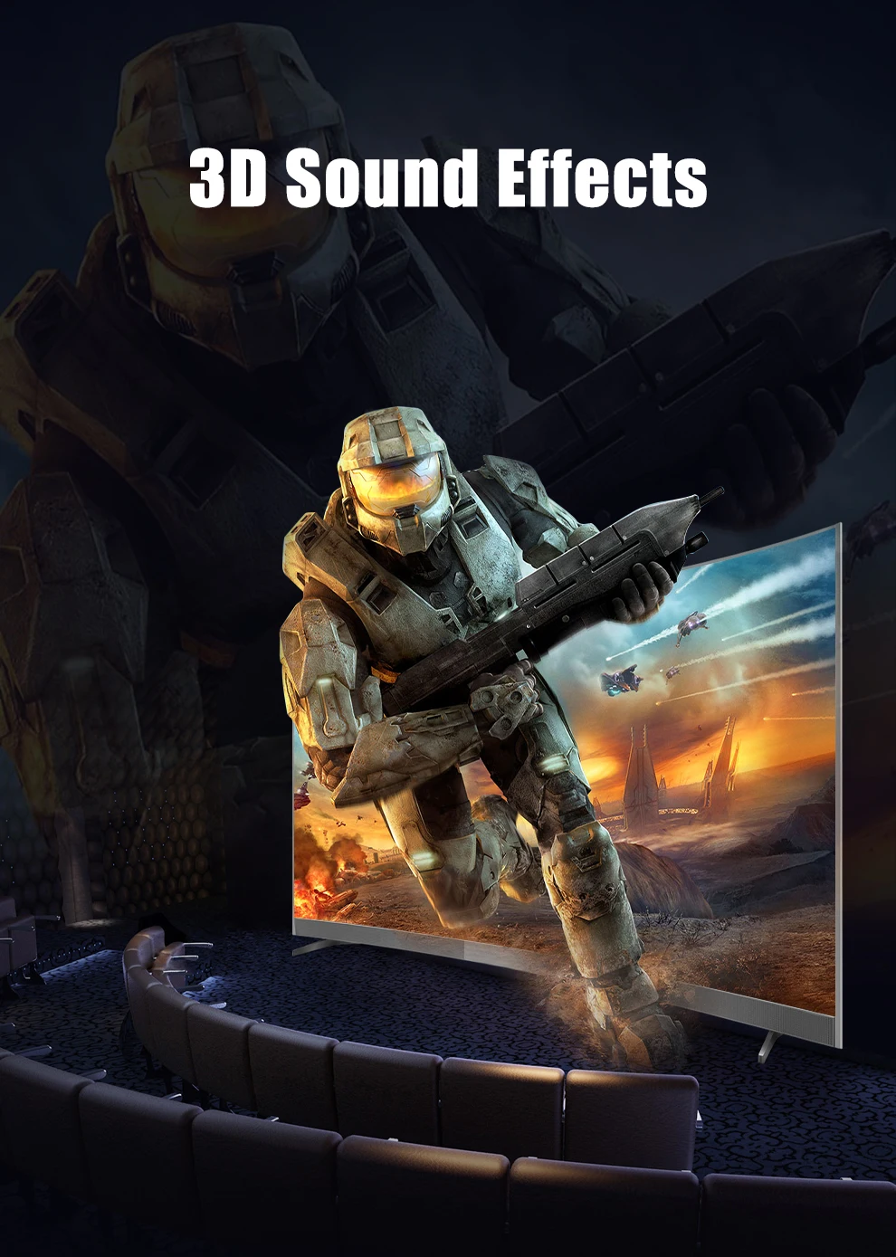 Se muestra un videojuego en una pantalla grande con las palabras efectos de sonido 3D sobre él