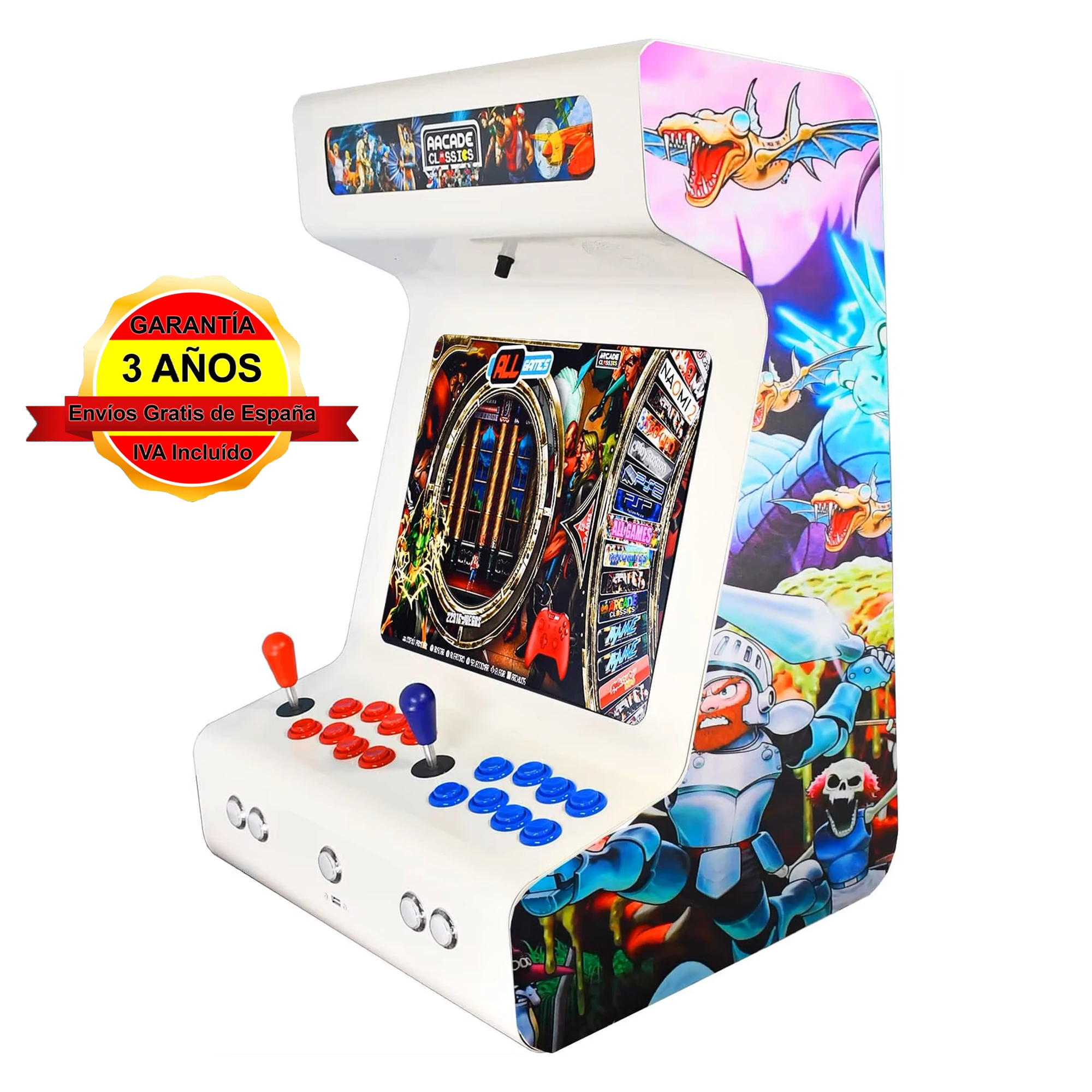 Arcade recreativa, Construida en acero, 8 Botones arcade de tipo americano, Intel N100 16GB RAM y 256GB SSD, Dual boot Windows 11 y Batocera, Podrás añadir tu propia librería Steam, Modelo Blanco