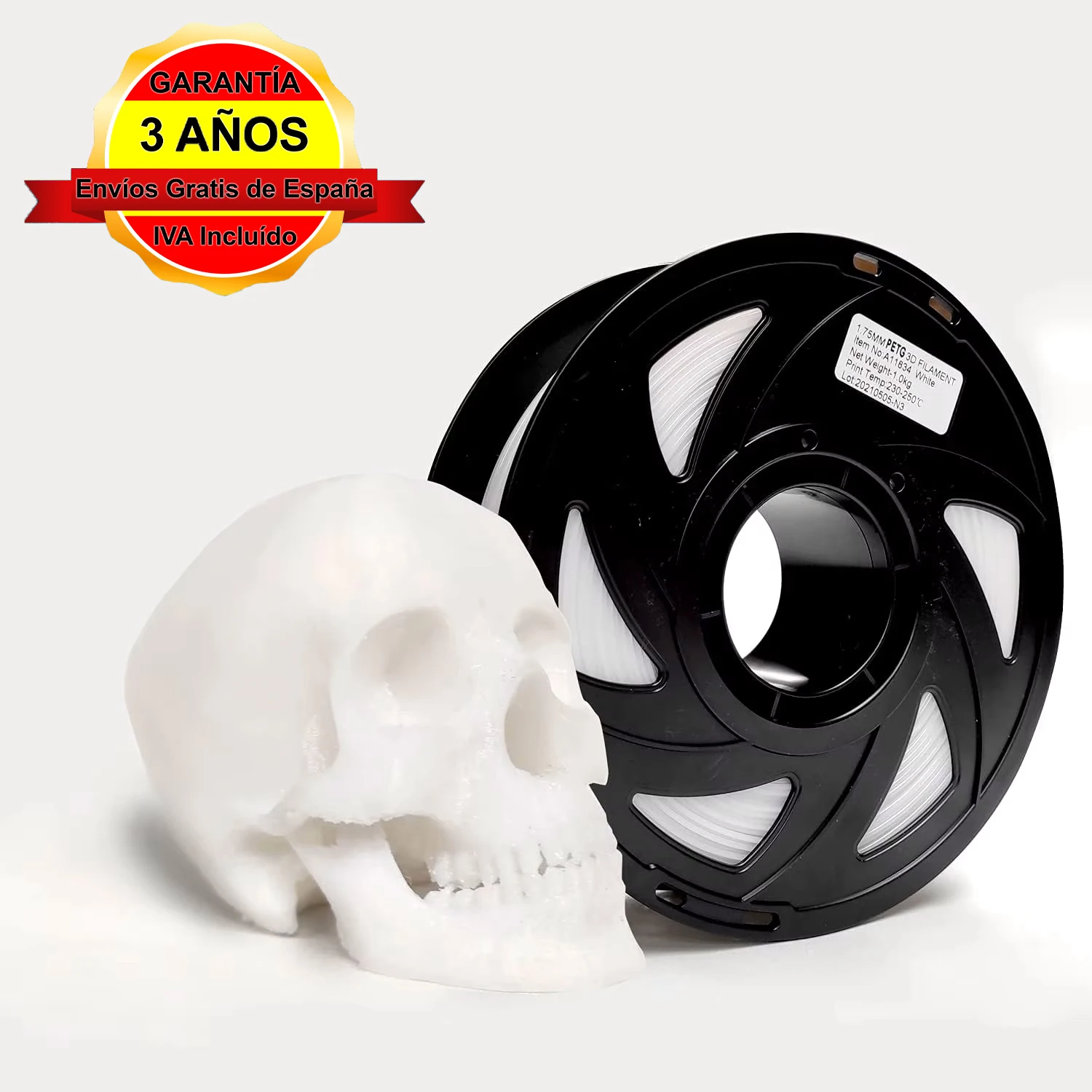 Filamento PETG, 1,75 mm Carrete de 1 kg, Filamento 3D PETG 1,75 +/- 0,02 mm para impresión 3D, tereftalato de polietileno, filamento 3d impresora (Blanco)