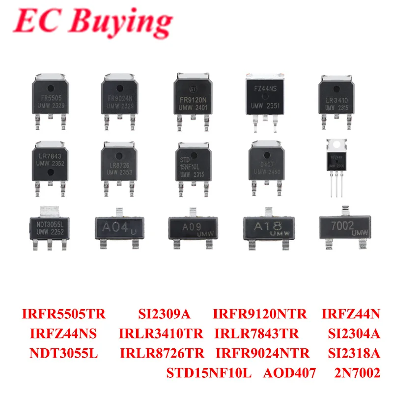 100 uds/10 Uds IRFR5505TR IRFR9024NTR IRFR9120NTR lRFZ44N IRFZ44NS IRLR3410TR IRLR7843TR IRLR8726TR NDT3055L SI2304A SI2309A