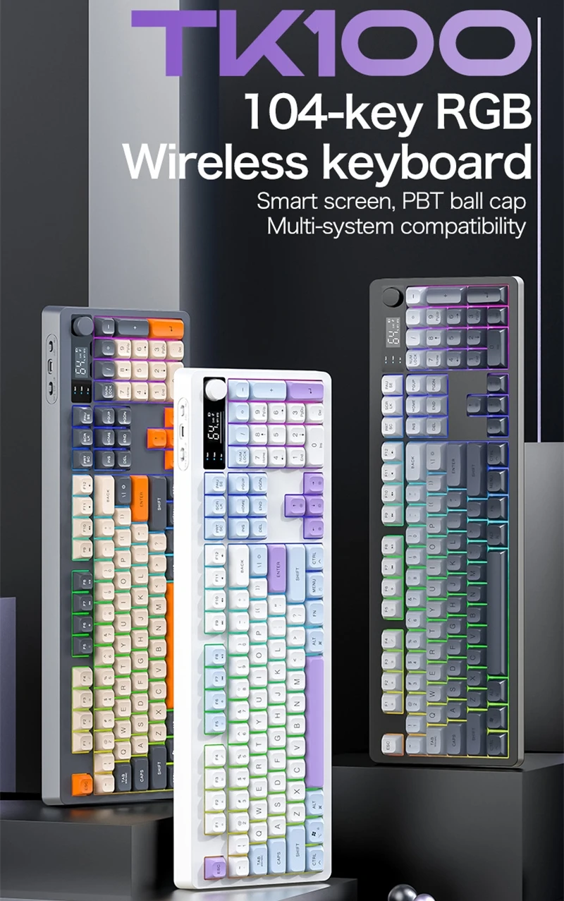 Teclado inalámbrico español ruso español árabe coreano 100% teclado diseño de 104 teclas con perilla de volumen de pantalla TK100 luz RGB tipo C 2000 mAh conexión Bluetooth 2.4G juegos oficina - imagen 2