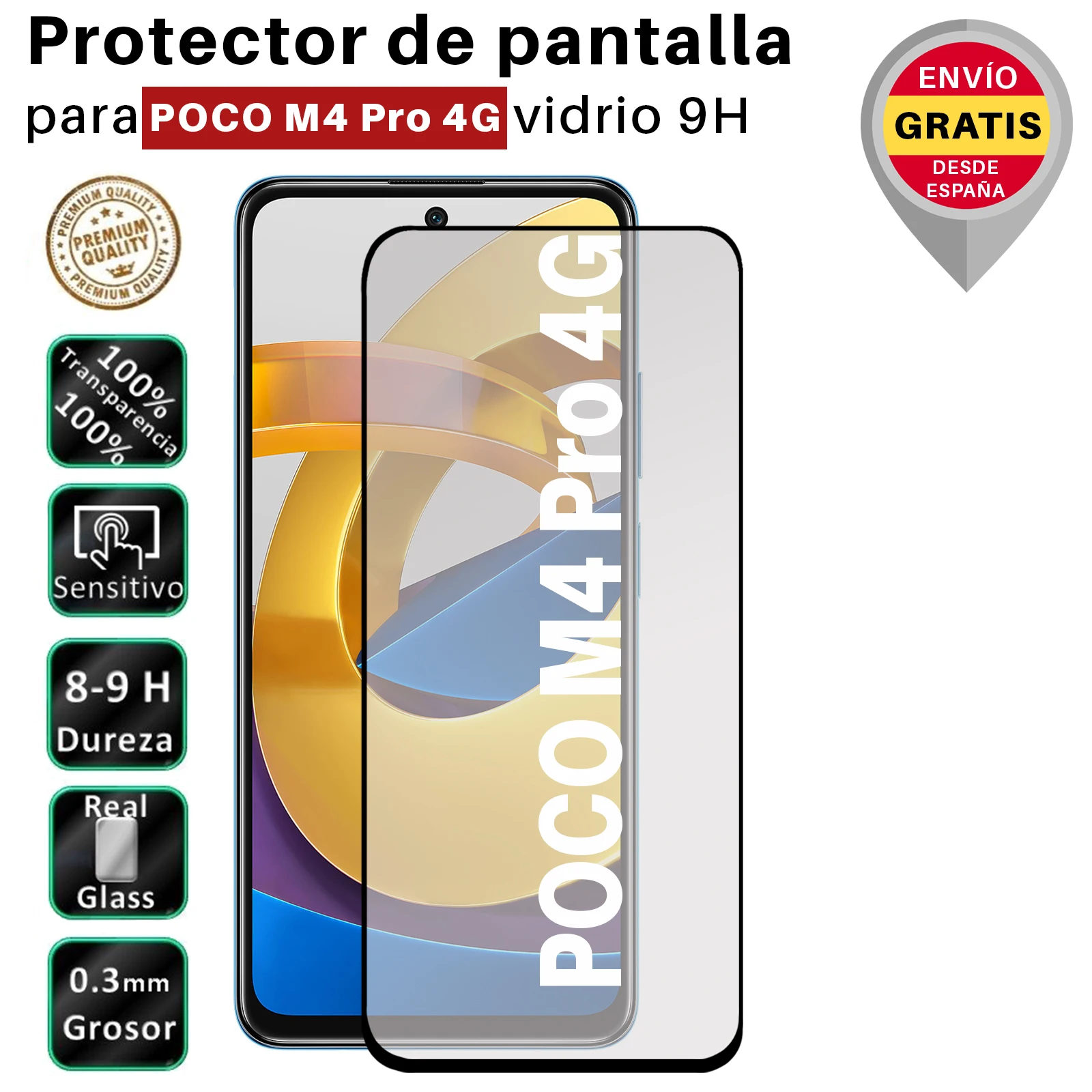 Protector de Pantalla para Xiaomi POCO M4 Pro 4G Negro Completo Cristal Templado