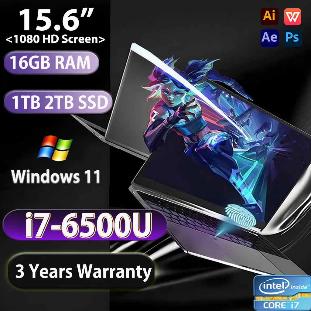 Ordenador portátil con Windows 11, computadora de 15,6 pulgadas, 1920x1080, intel Core i7 6500U, 16GB de RAM, 1TB, 2TB, SSD