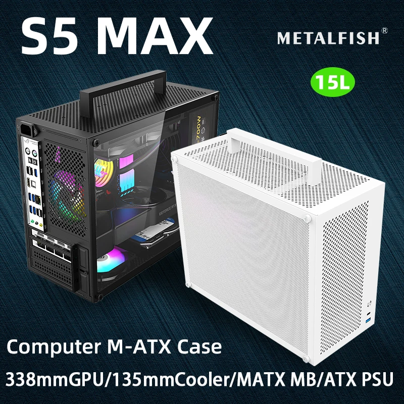 METALFISH S5 MAX caja de ordenador para juegos chasis de PC soporte MATX/ITX 24,5*24,5 cm SFX/ATX PSU 135 torre media/180 enfriador de refrigeración por agua - imagen 2