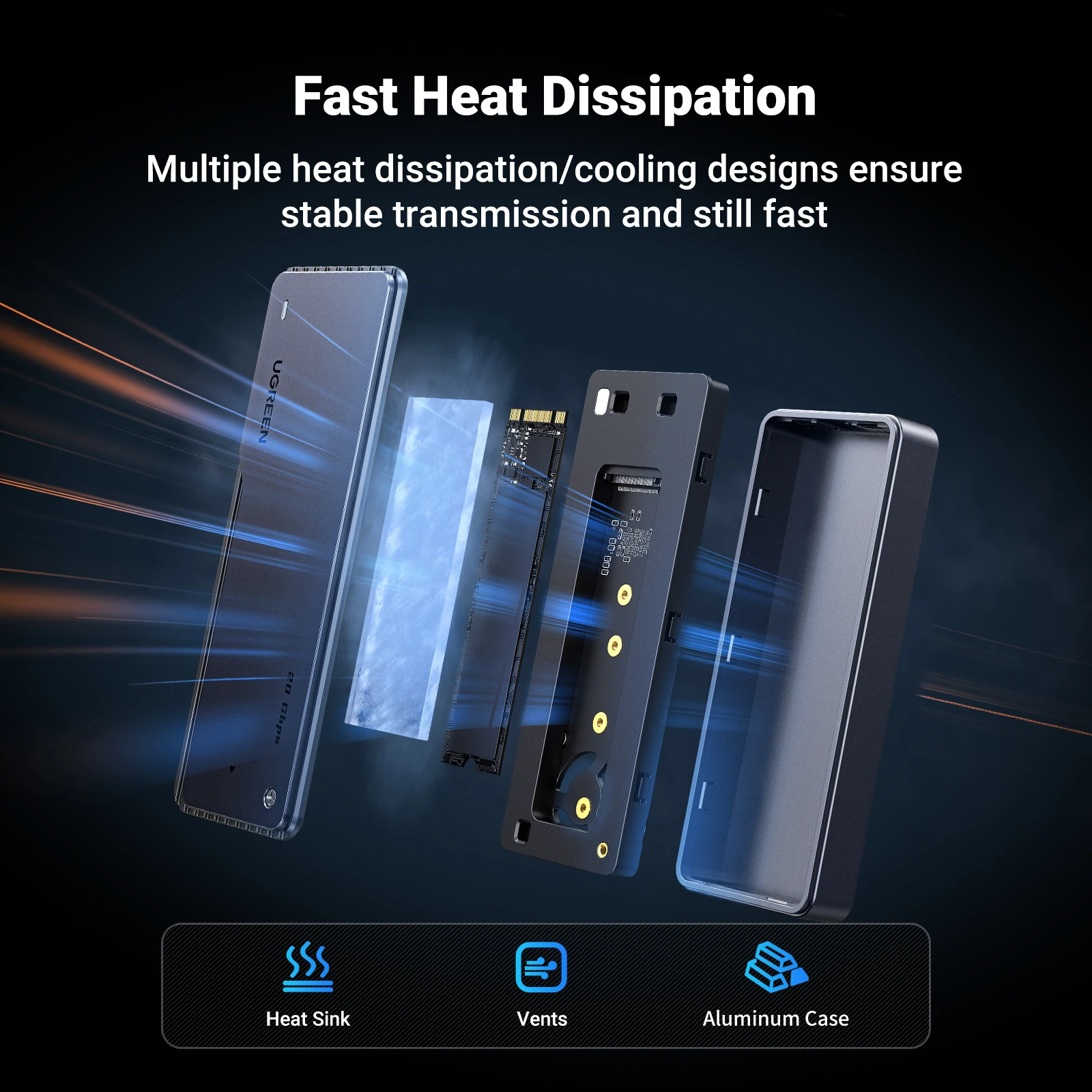UGREEN-carcasa de SSD NVMe de 20Gbps, carcasa de SSD de aluminio con chaleco de refrigeración integrado, adaptador de SSD M.2 a USB3.2 Gen2x2 para carcasa M.2 NVME PCIE - imagen 4