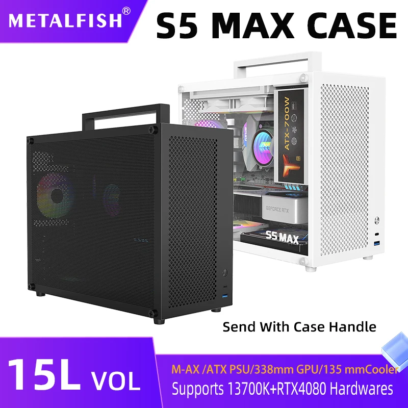 METALFISH S5 MAX caja de ordenador para juegos chasis de PC soporte MATX/ITX 24,5*24,5 cm SFX/ATX PSU 135 torre media/180 enfriador de refrigeración por agua - imagen 5