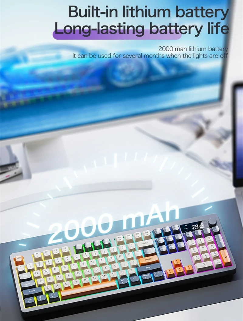 Teclado inalámbrico español ruso español árabe coreano 100% teclado diseño de 104 teclas con perilla de volumen de pantalla TK100 luz RGB tipo C 2000 mAh conexión Bluetooth 2.4G juegos oficina - imagen 4