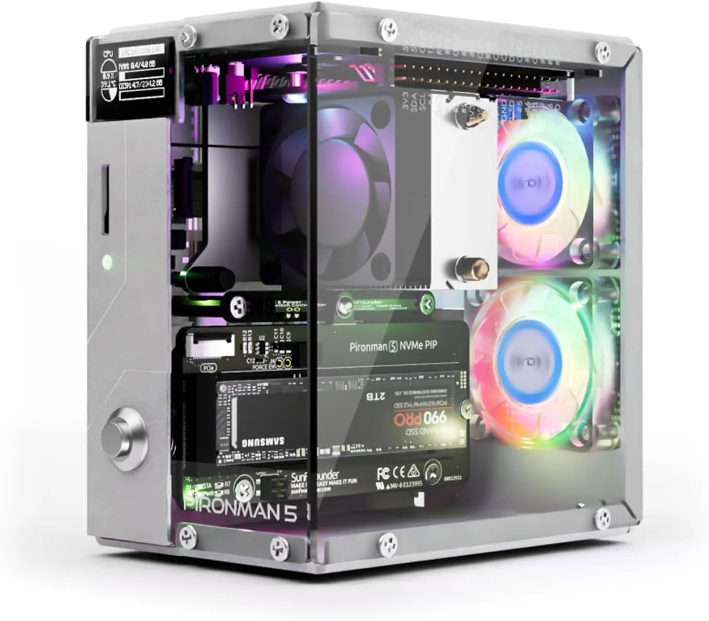 Pironman 5 NVMe M.2 SSD PCIe Mini PC para Raspberry Pi 5 con enfriador de torre + ventiladores RGB duales, módulo OLED de 0,96 pulgadas, apagado seguro, - imagen 2