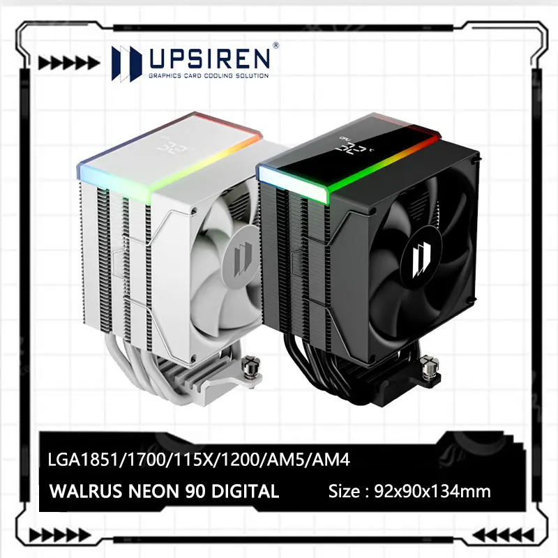 UPSIREN WALRUS NEON 90 pantalla Digital de temperatura enfriador de CPU/pantalla de visualización digital ARGB/4 tubos de calor/soportes LGA1851/1700/AM5 - imagen 2