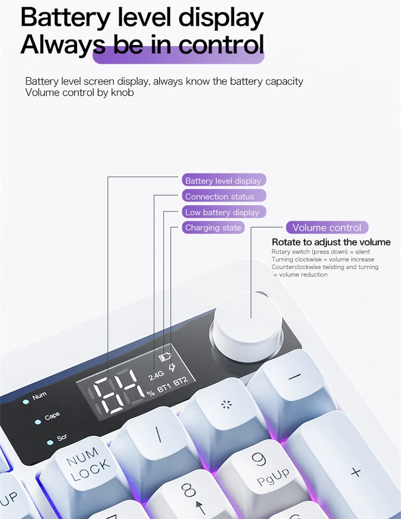 Teclado inalámbrico español ruso español árabe coreano 100% teclado diseño de 104 teclas con perilla de volumen de pantalla TK100 luz RGB tipo C 2000 mAh conexión Bluetooth 2.4G juegos oficina - imagen 5