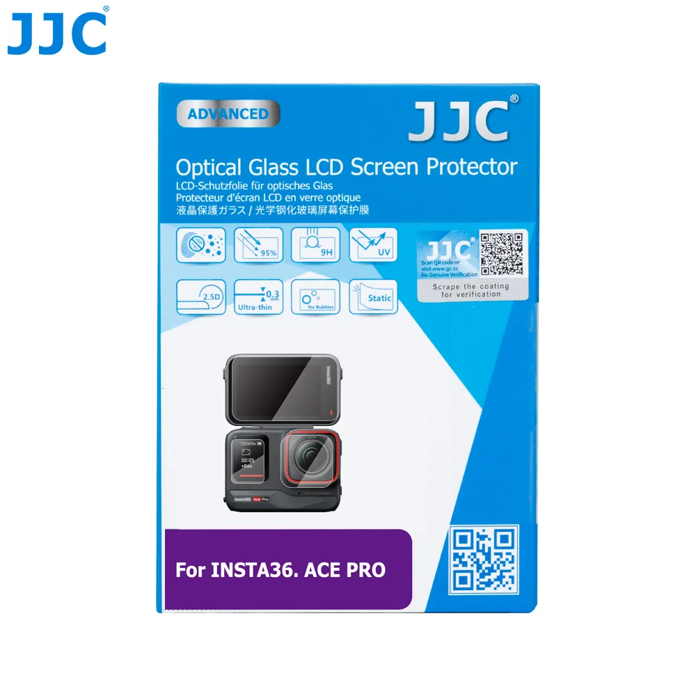 JJC-Protector de pantalla de lente para Insta360 Ace Pro, vidrio templado de 0,3mm, dureza 9H, y antiburbujas antiarañazos, paquete de 2 unidades