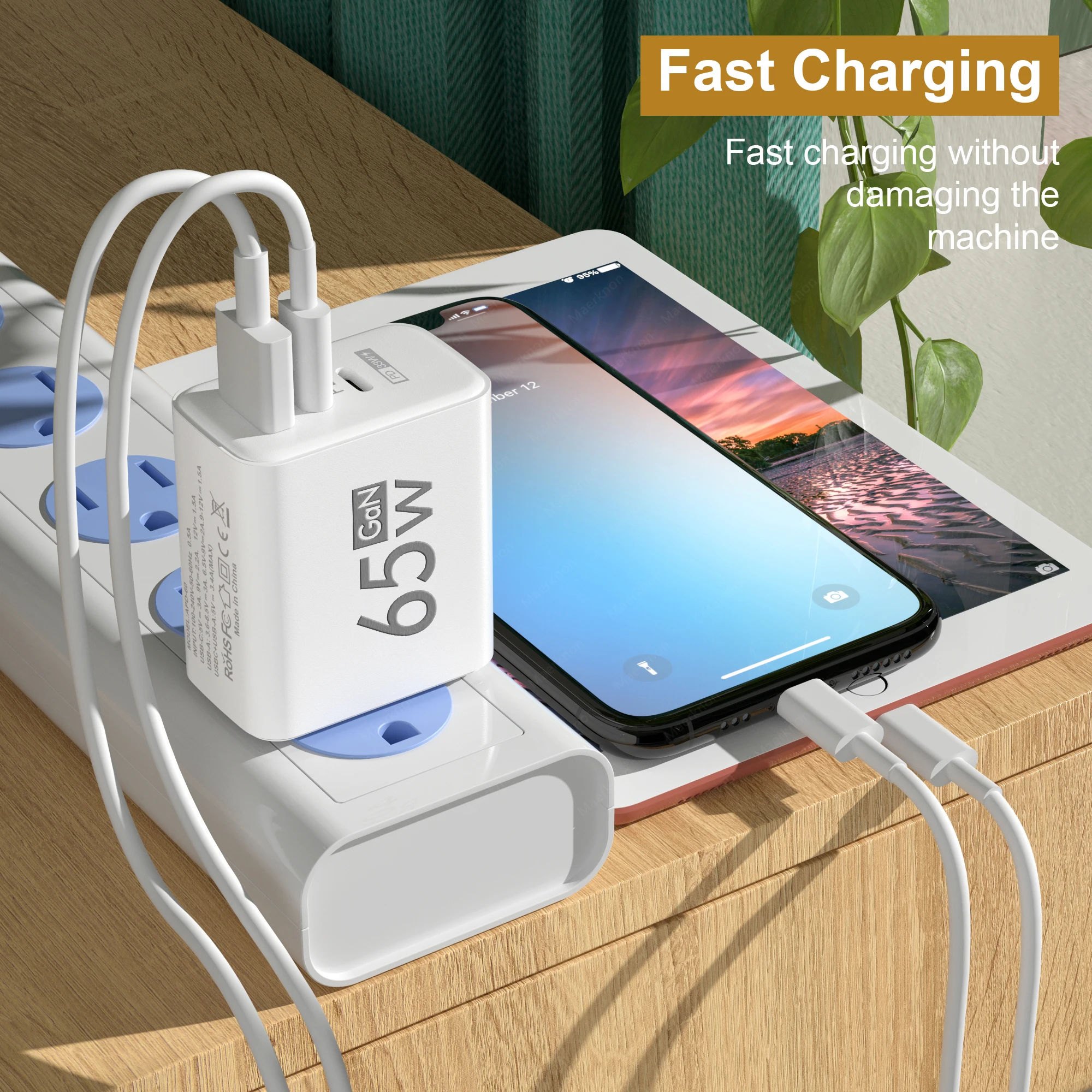 Cargador USB C de 65W GaN, cargador de teléfono de carga rápida de 3 puertos, adaptador de corriente, Cable tipo C, carga rápida para iPhone 15, Samsung, Xiaomi - imagen 2