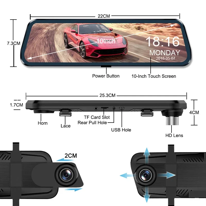 Grabadora de conducción DVR para coche, cámara de espejo retrovisor 1080P 2K, lente dual delantera y trasera, visión nocturna HD, grabadora de video multimedia de transmisión, pantalla táctil de 10 pulgadas, grabación - imagen 2