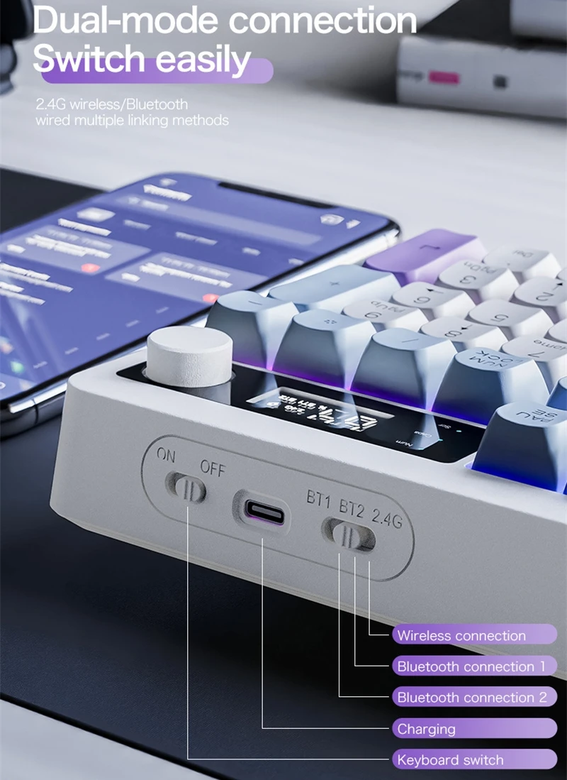 Teclado inalámbrico español ruso español árabe coreano 100% teclado diseño de 104 teclas con perilla de volumen de pantalla TK100 luz RGB tipo C 2000 mAh conexión Bluetooth 2.4G juegos oficina - imagen 3