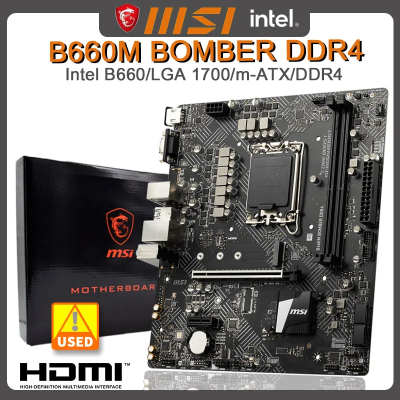 Placa base Intel B660M, MSI, B660M, BOMBER, DDR4, LGA 1700, DDR4, 64GB, compatible con i9-14900F 14600, 13900F, 13100F, 12400F, cpu M.2, Micro ATX