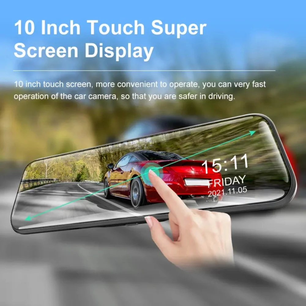 Grabadora de conducción DVR para coche, cámara de espejo retrovisor 1080P 2K, lente dual delantera y trasera, visión nocturna HD, grabadora de video multimedia de transmisión, pantalla táctil de 10 pulgadas, grabación - imagen 4