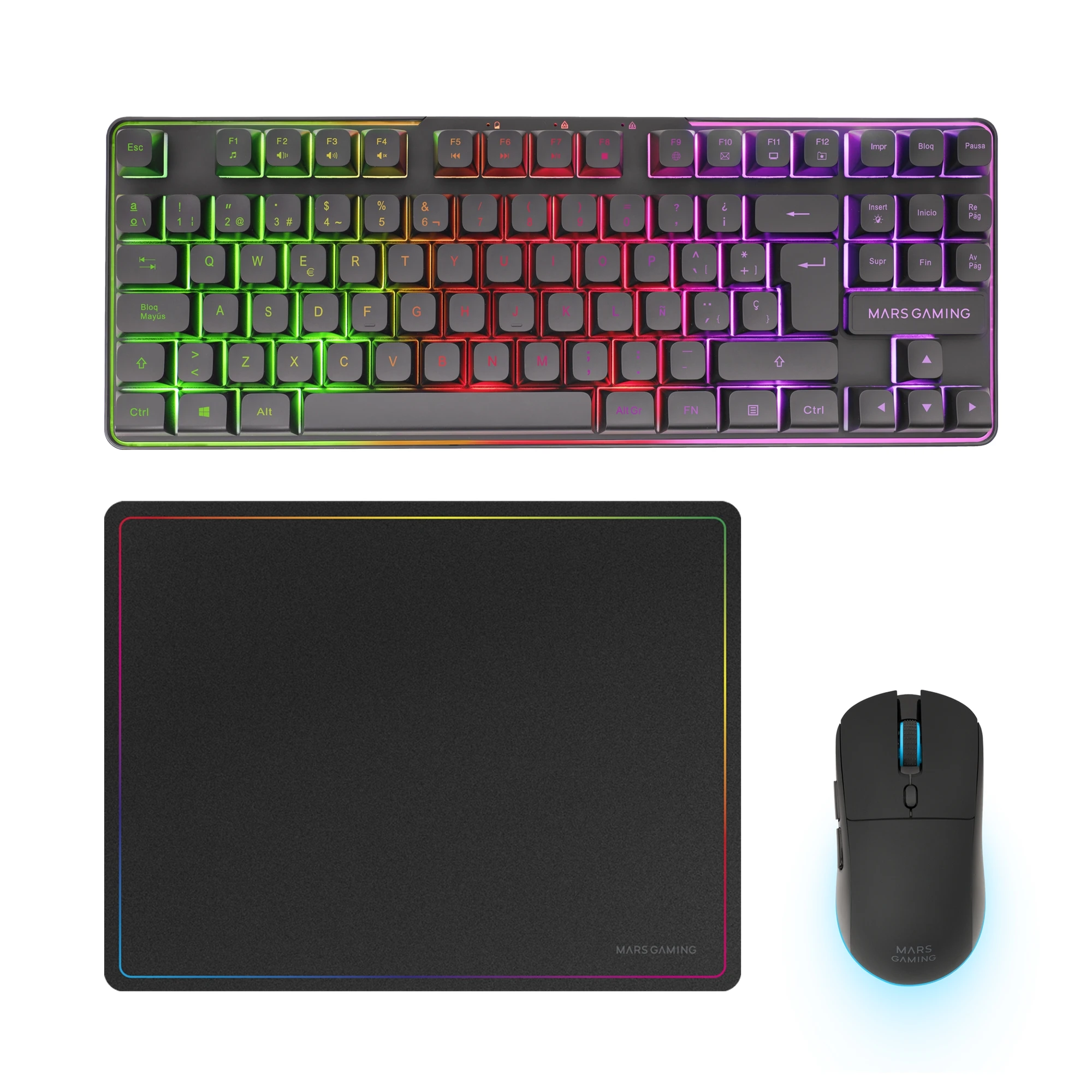 Mars Gaming MCPWTKL, Combo Gaming Inalámbrico, Tecnología DualPro Link 2.4GPRO, Teclado TKL FRGB Rainbow + Ratón RGB 3200DPI y Switches HUANO + Alfombrilla Antideslizante 360x260mm, Combo PC Profesional
