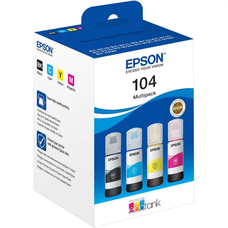 Epson 104 Ink Bottle Black/Cyan/Yellow/Magenta, refillable ink for EcoTank printers, 65ml each color, easy to use design, economical printing solution producing up to 4500 black and 7500 color pages.