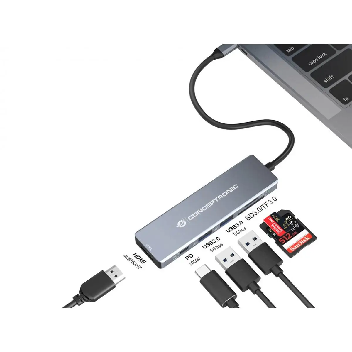 Conceptronic DONN23G base para portátil y replicador de puertos Alámbrico USB 3.2 Gen 1 (3.1 Gen 1) Type-C Gris - imagen 3