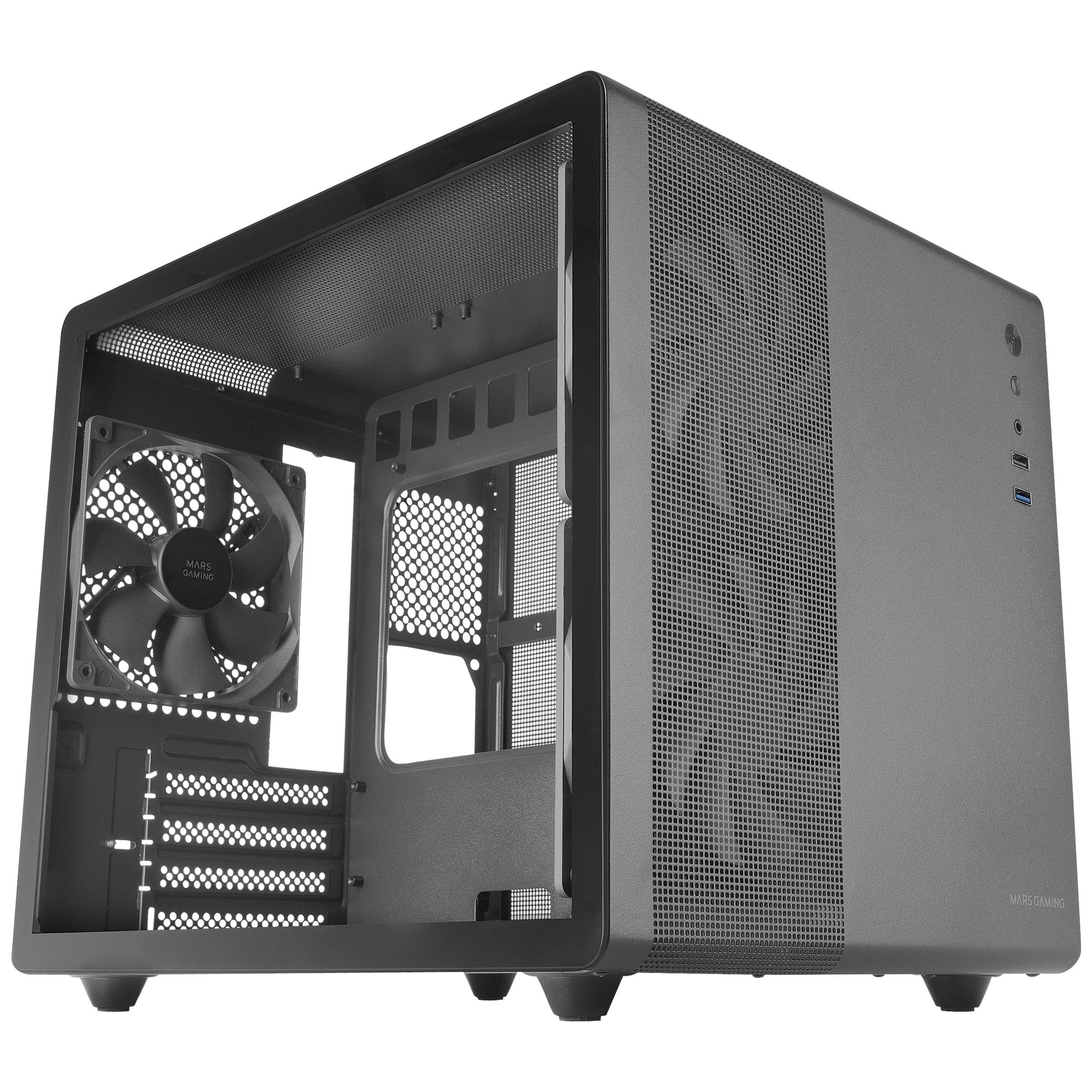 Mars Gaming MC-MPRO, Caja Profesional Compacta Micro-ATX, Ventana Lateral Completa Cristal Templado, 3x Ventiladores 120mm, Panel Lateral Completo Mesh, Caja PC en Negro