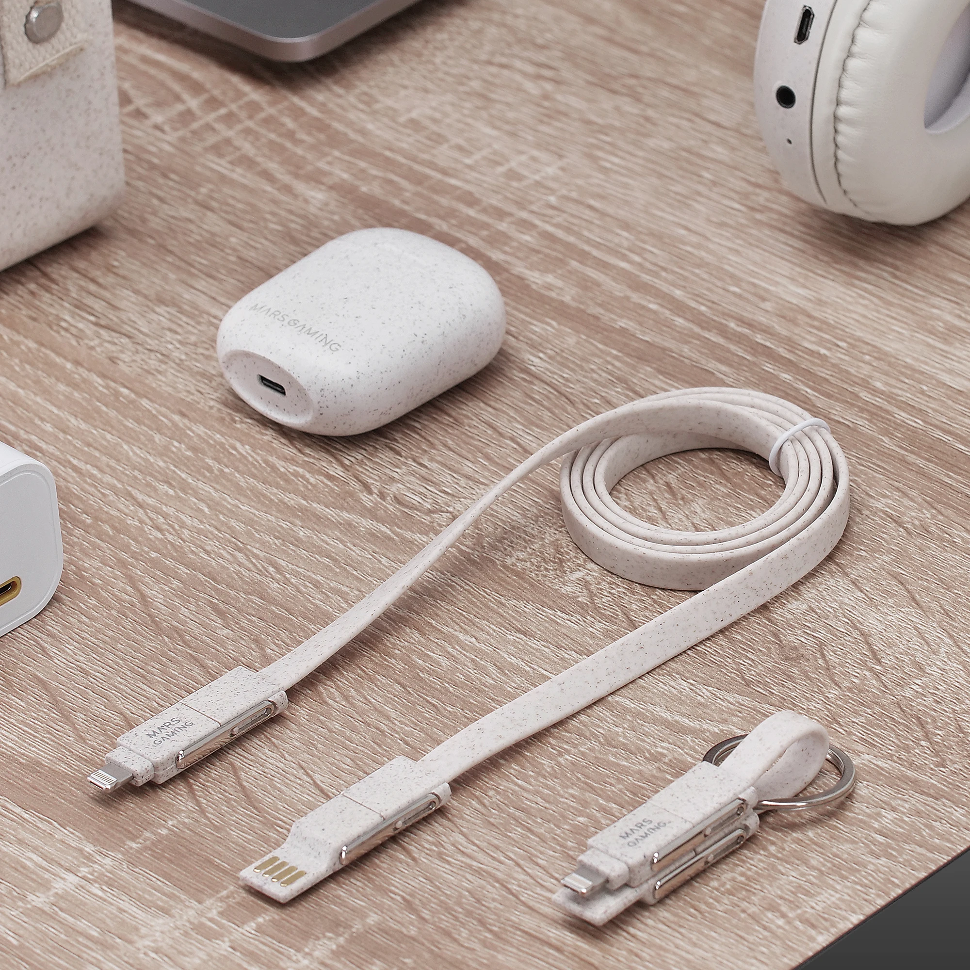 Mars Gaming MCA-ECO, Pack 2x Cables de Carga ECO Fibra de Trigo, Cable USB 1m + Cable Llavero Magnético, Transferencia Datos y Carga Rápida 3.1A 50W, Cable Antienredos USB-C/USB-A/MicroUSB/Lightning - imagen 3