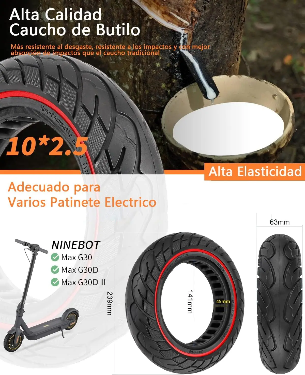Rueda Maciza 10x2.5 Pulgadas (Llanta ancho 45mm)Antipinchazo para Patinete Eléctrico,Goma Sólida, Neumático Sólido para Ninebot Segway MAX G30 G30P G30LP, Kugoo M4 M4Pro F40/,hiboy S2 Max / max3 / Titan Pro / Titan / gotex G4 / g Max,10 Pulgadas 60/70-6.5 - imagen 5