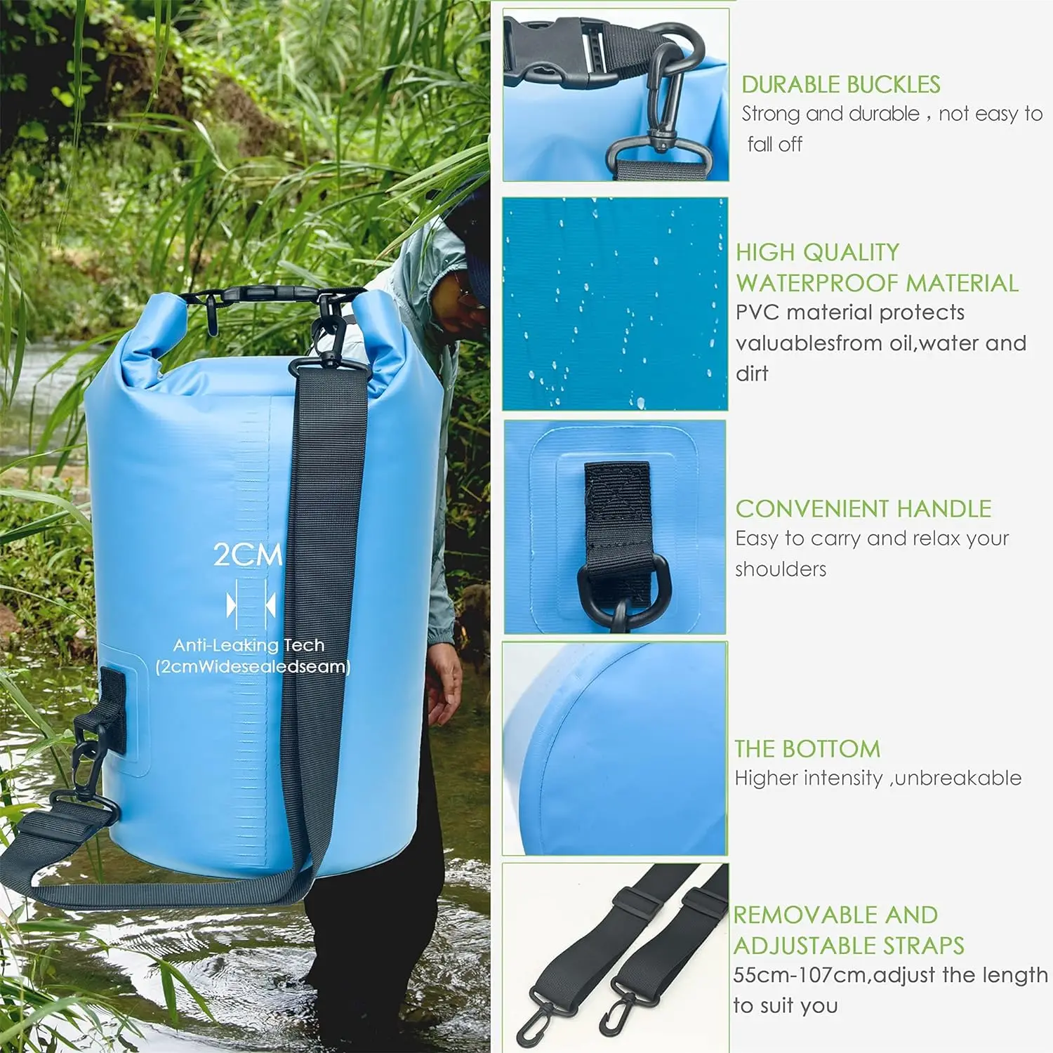 FGNS Bolsa Estanca Impermeable 5L/10L/15L/20L, Bolsa Seca Impermeable Flotante 5L, Bolsa de Hombro Impermeable IP66, para Canoa Kayak Barco Camping Natación, Rafting Velo Pesca etc. - imagen 5