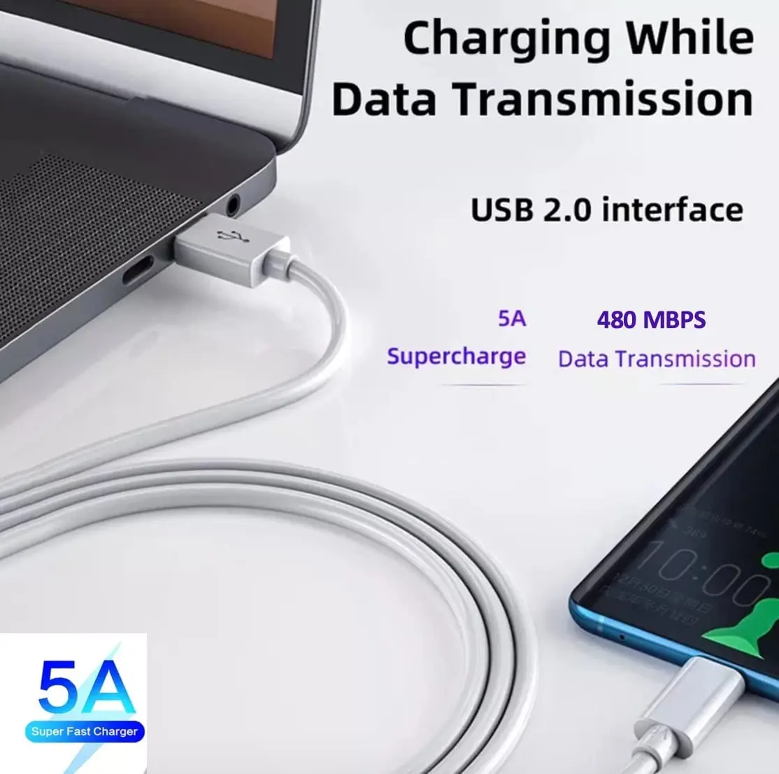 Cable USB a USB C 60W Color Blanco Carga Rápida 20V/5A, Compatible con MacBook Pro Air, iPad Air 2022, Samsung Galaxy, Xiaomi Huawei P50 Móviles Tablets Consolas (1 Metro) - imagen 4