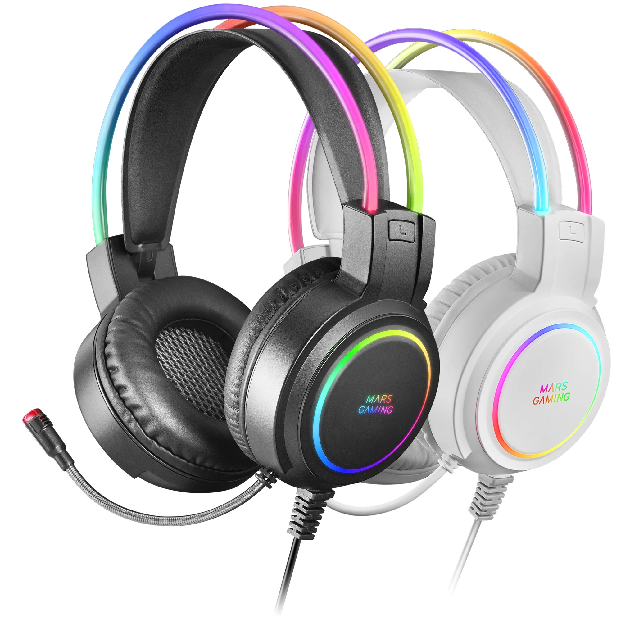 Mars Gaming MHRGB, Auriculares Gaming, Iluminación 360° Chroma RGB Flow, Sonido Espacial Ultra-BASS 3D, Micrófono Profesional, Auriculares RGB Negro o Blanco