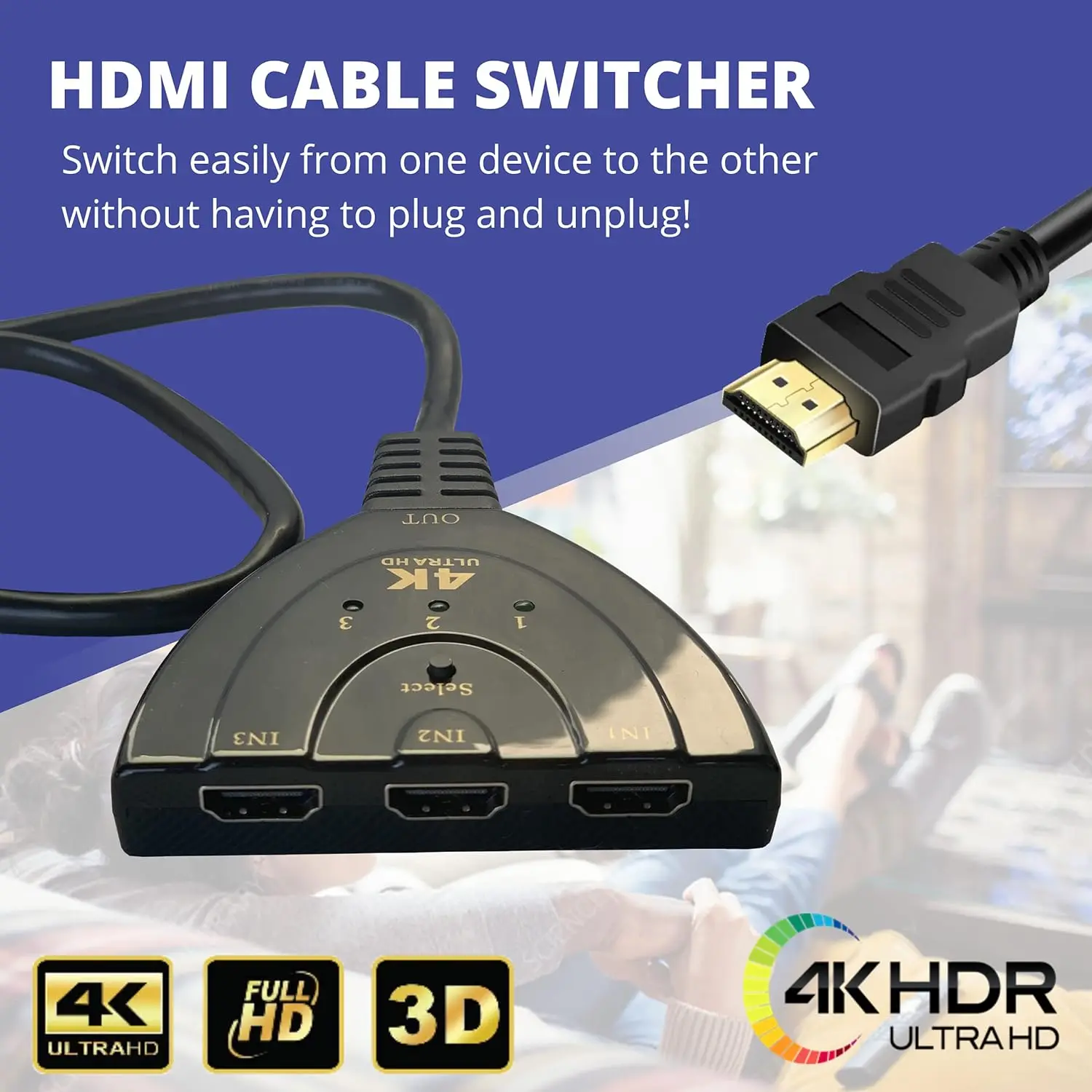 FGNS. HDMI(4K) Switch 3 en 1,3-Puerto Conmutador HDMI 4K, 3x1 Switch, HDMI Automático, Selector Switcher UHD HDR 3D Full HD 1080p HDCP, 3 entradas, 1 Salida Divisor HDMI Splitter - imagen 4