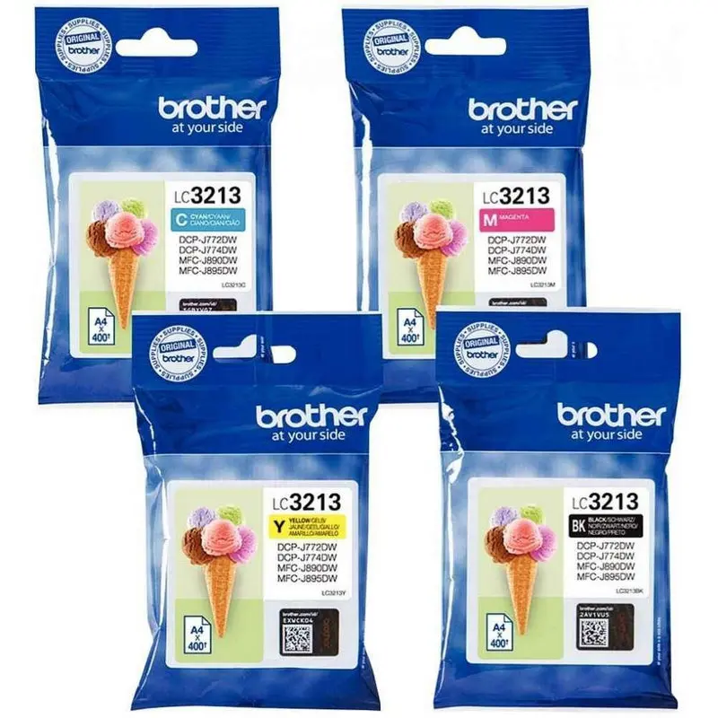 Brother LC3213VAL Pack of 4 Ink Cartridges in Black/Cyan/Magenta/Yellow for Printers, with a page yield of up to 400 pages per color, featuring easy front replacement and economical ink-saving mode.