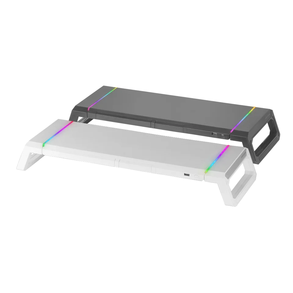 Mars Gaming MGS-ONE, Soporte Premium Monitor, Iluminación RGB Chroma, Soporte Móviles/Tablets y Cajón, Ajustable 3 Tamaños, USB 2.0, Soporte Gaming RGB Blanco