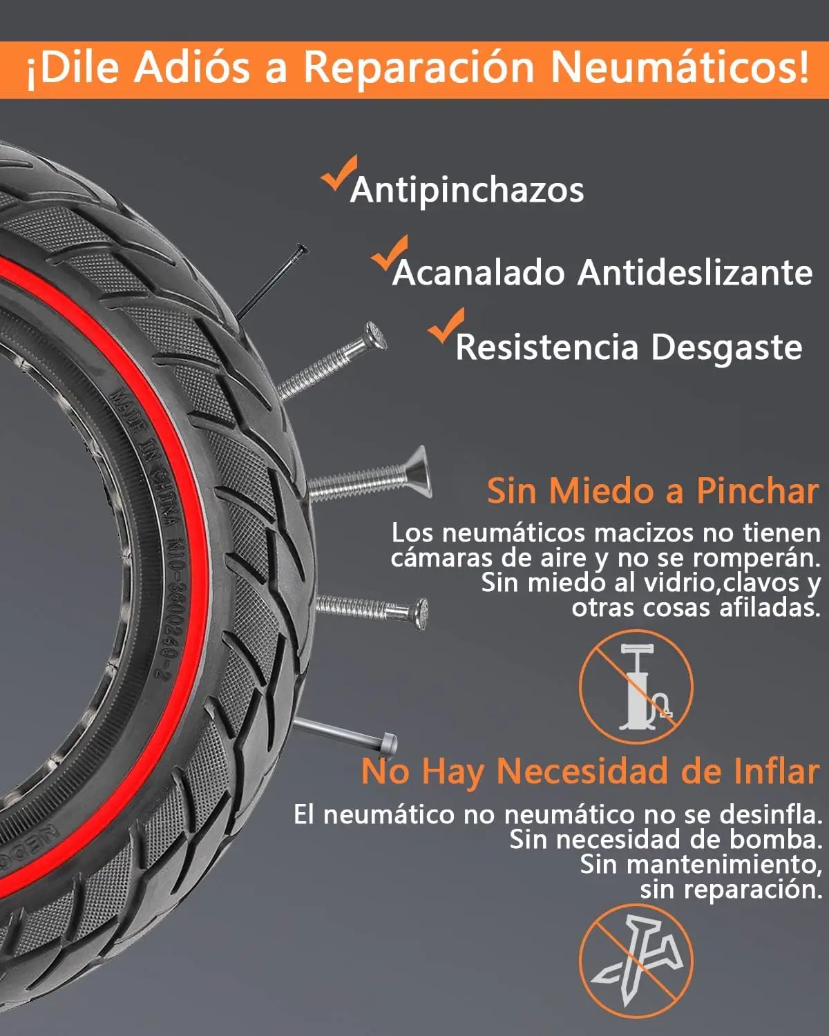 Rueda Maciza 10x2.5 Pulgadas (Llanta ancho 45mm)Antipinchazo para Patinete Eléctrico,Goma Sólida, Neumático Sólido para Ninebot Segway MAX G30 G30P G30LP, Kugoo M4 M4Pro F40/,hiboy S2 Max / max3 / Titan Pro / Titan / gotex G4 / g Max,10 Pulgadas 60/70-6.5 - imagen 2