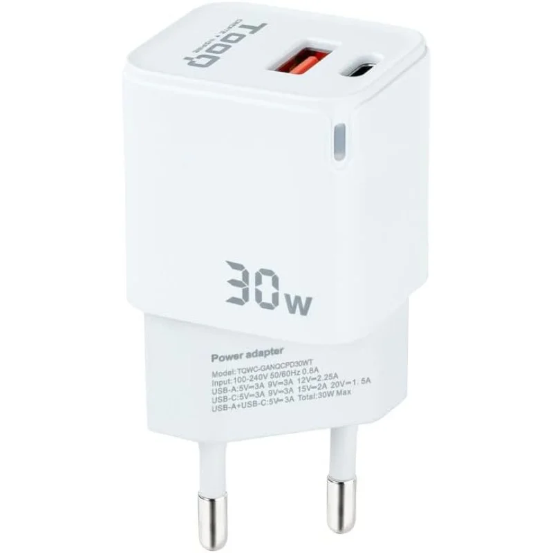 Tooq tqwc-ganqcpd30wt dual wall charger usb-c/usb 2.0 30w white