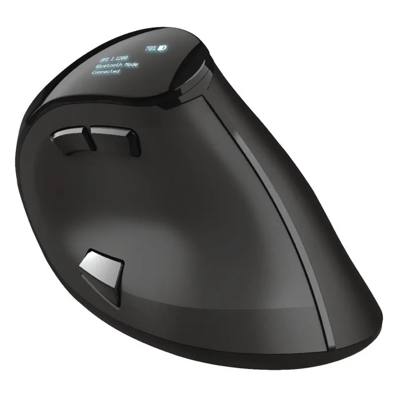 Trust Voxx Wireless Ergonomic Mouse 2400DPI, featuring a vertical design that reduces wrist strain, customizable buttons, LED display for settings, and Bluetooth connectivity, ideal for office use and compatible with various systems. - imagen 3