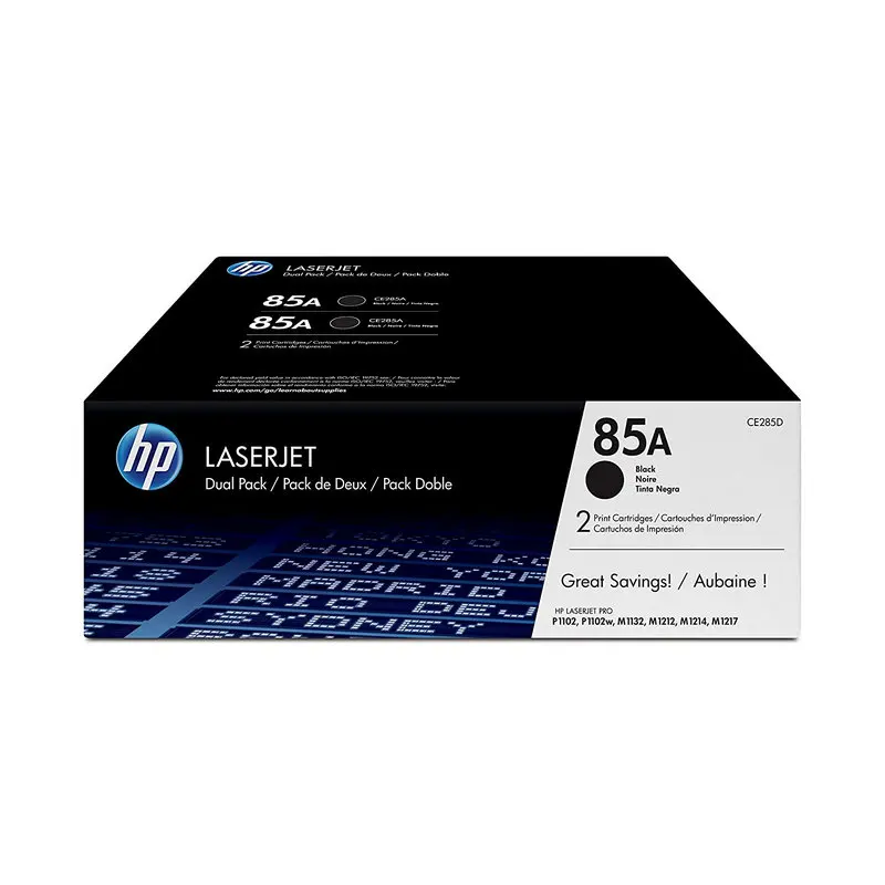 HP 85A Original LaserJet Toner Savings Pack - Black, includes 2 high-capacity cartridges with a yield of 1,600 pages each, perfect for HP LaserJet printers for high-volume printing.