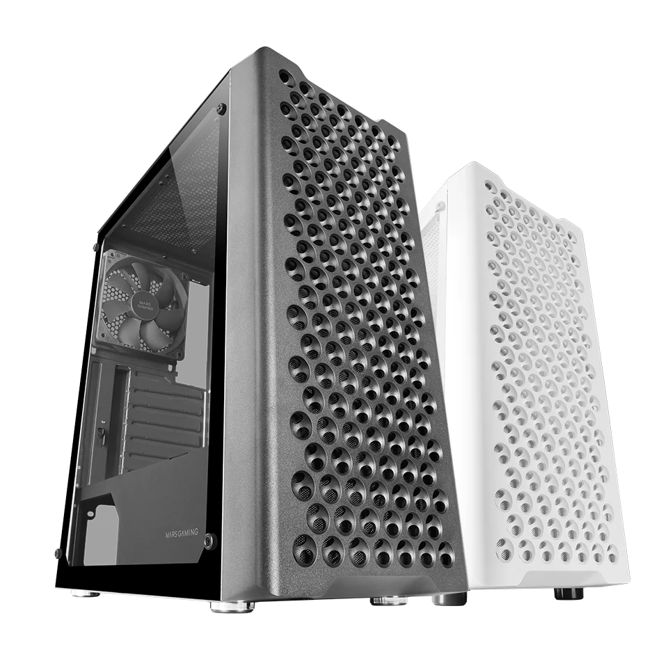 Mars Gaming MC-iPRO, Caja Profesional ATX, Rejilla Frontal de Malla 3D, Ventana Lateral Cristal Templado, Ventilador FDB Ultrasilencioso 12cm, Caja PC con Soporte Refrigeración Líquida, Semitorre PC Negra o Blanca