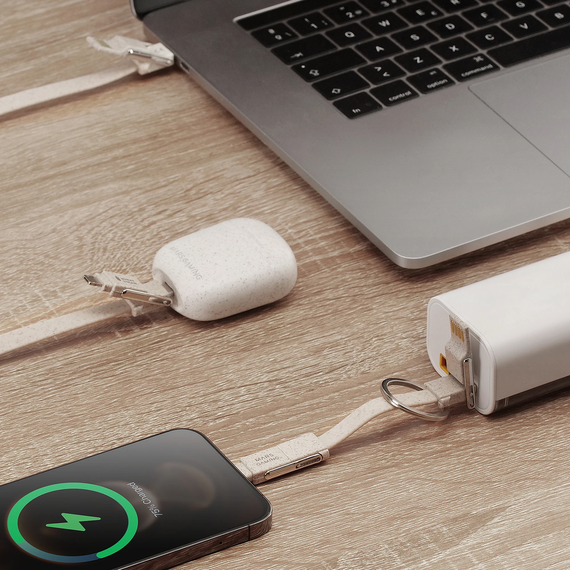 Mars Gaming MCA-ECO, Pack 2x Cables de Carga ECO Fibra de Trigo, Cable USB 1m + Cable Llavero Magnético, Transferencia Datos y Carga Rápida 3.1A 50W, Cable Antienredos USB-C/USB-A/MicroUSB/Lightning - imagen 4